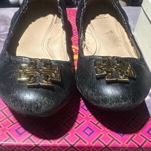 Tory Burch Black Flats with Gold Emblem